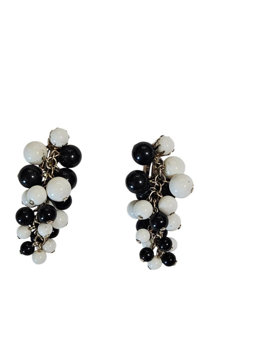 Vintage Plastic Bead Cluster Dangle Clip On Earrings 2 inches Black and White